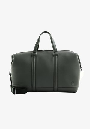 Sac de sport en cuir noir avec deux poignées, une bandoulière réglable et un logo de marque discret dans le coin inférieur droit.