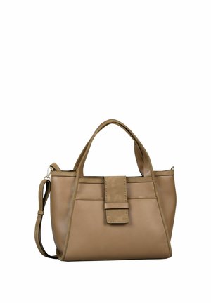 Hellbraune Lederhandtasche mit zwei oberen Griffen, einer vorderen Klappe und einem verstellbaren Schulterriemen vor weißem Hintergrund.