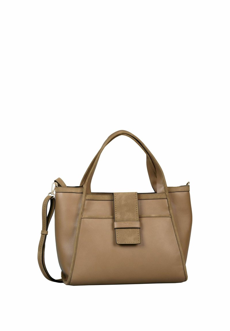 Hellbraune Lederhandtasche mit zwei oberen Griffen, einer vorderen Klappe und einem verstellbaren Schulterriemen vor weißem Hintergrund.