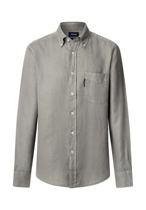 Gray long-sleeve shirt with a button-down collar, front pocket, and a slightly textured fabric. It features white buttons along the front.