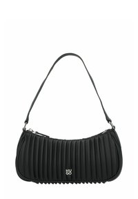 Zwarte geribde handtas met een afgeronde silhoët, een korte schouderriem, zilverkleurig beslag en een ritsopening aan de bovenkant. Merklogo zichtbaar.