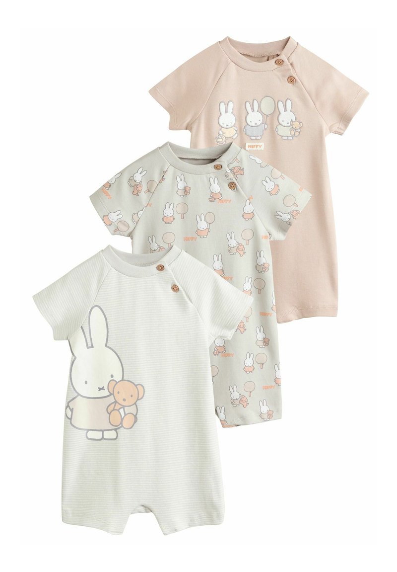 Three infant bodysuits in pastel colors: pink, green with patterns of rabbits, and striped light green. Each features button accents.