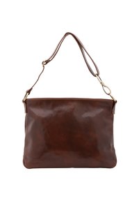 Borsa a spalla in pelle marrone con una superficie liscia, forma rettangolare, tracolla regolabile e dettagli in metallo dorato.