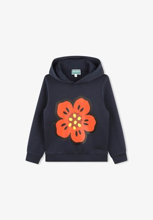Sweat-shirt bleu marine avec un grand motif de fleur orange, contour noir et centre jaune, fabriqué en tissu doux et équipé d'une poche kangourou.