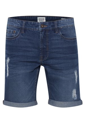 Tumedat sinised teksapüksid lühikesed, millel on mugav lõige, rullitud servad, frayed detailid ja klassikaline viie taskuga disain.