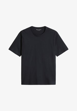 Zwart T-shirt met korte mouwen en een ronde hals met Marc O'Polo-label aan de binnenkant van de kraag, plat weergegeven op een witte achtergrond.