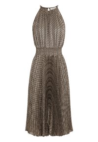 Braun gemustertes Neckholder-Kleid mit einem gesmokten Bund und einem fließenden, plissierten Rock, aus einem leichten, strukturierten Stoff gefertigt.