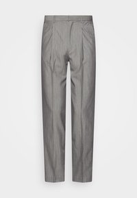 Harmaat, pinstripe-kuvioidut housut, joissa on räätälöity muotoilu, etutaitokset ja suora lahkeen malli. Sileä pinta ja siisti viimeistely.