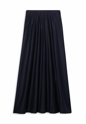 Marineblaue lange Rock mit einem plissierten Design und elastischem Bund. Vertikale Nadelstreifen verleihen dem Stoff Textur und verbessern den Fall.