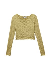 Grüner, langärmeliger Crop-Top aus strukturiertem Material mit geometrischem Muster. Runder Ausschnitt und taillierte Passform.