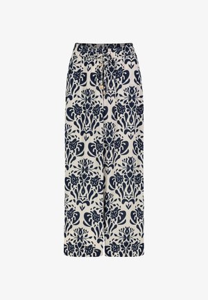 Marineblaue und cremefarbene gemusterte weit geschnittene Hose mit Kordelzugbund, die über Blumemotive und einen leichten Stoff verfügt.