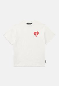 White cotton t-shirt featuring a red heart graphic with a logo inside, crew neck, and short sleeves. Side label visible at the hem.