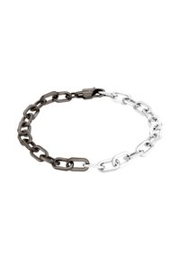 Schakelarmband met afwisselend zwarte en zilveren schakel. De schakels zijn ovaalvormig met een donkere afwerking en zijn bevestigd met een sluiting.