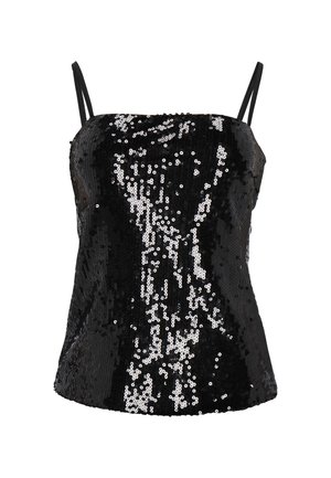 Top negru din paiete cu bretele subțiri reglabile, având un design ajustat și o textură strălucitoare care reflectă lumina. Fără închidere vizibilă sau accente.