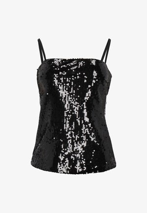 Haut noir en sequins avec fines bretelles ajustables, présentant une coupe ajustée et une texture brillante qui reflète la lumière. Aucune fermeture ou accent visible.