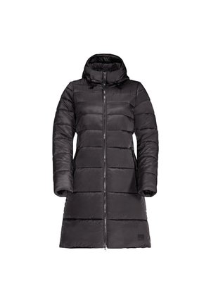 Doudoune longue noire matelassée avec fermeture éclair frontale, poches latérales et capuche, portée sur un jean bleu clair.