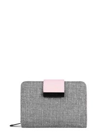 Gray textured fabric wallet with a pink accent flap and black hardware. Features a sleek rectangular shape and secure closure.