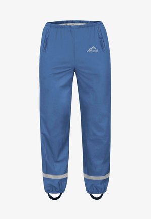 Blaue wasserdichte Outdoor-Hosen mit elastischem Bund, Seitentaschen, reflektierenden Streifen und Beinabschlüssen mit Schlaufen. Mit einem Logo auf der Vorderseite.