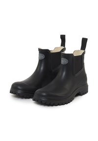 Stivali alla caviglia neri in gomma con pannelli laterali elasticizzati, suole testurizzate per una presa sicura e linguette per una facile indossatura, caratterizzati da un logo circolare su ciascun lato.