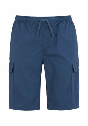 Marineblaue Herrencargoshorts mit elastischem Bund, Kordelzug und seitlichen, mit Knöpfen versehenen Taschen, knielang.