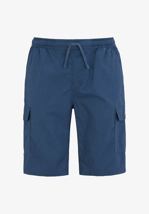 Granatowe męskie szorty typu cargo z elastycznym pasem, sznurkiem i zapinanymi na guziki kieszeniami po bokach, do kolan.