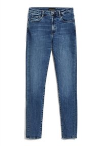 Slim-fit dark blue denim jeans with five pockets, belt loops, and a subtle faded texture. Classic design with a zipper fly and button closure.