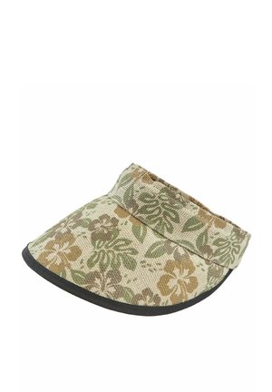 Visera de tela con estampado floral en tonos beige, verde y marrón, con un ribete negro a lo largo del borde.