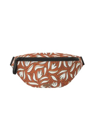 Orange fabric waist bag with white floral patterns and a black zipper, featuring an adjustable black strap and a small brand label.
