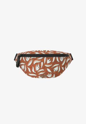 Orange fabric waist bag with white floral patterns and a black zipper, featuring an adjustable black strap and a small brand label.