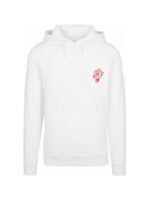 Hvit hettegensrer laget av bomullsblanding, med en frontlomme, snorhette og en rød tegneseriefigur-logo på venstre brystområde.