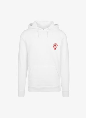 Bílá mikina s kapucí vyrobená z bavlněné směsi, disponující přední kapsou, stahovací kapucí a červeným logem kreslené postavy na levé části hrudi.