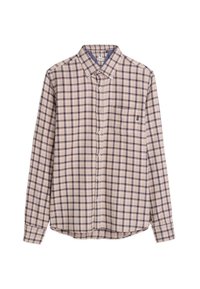 Lange mouwen geruite overhemd in beige, bruin en marineblauw. Zachte stof met knoopsluiting aan de voorkant, kraag en een enkele borstzak. Gebogen zoom.