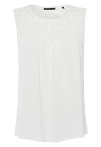 Top sin mangas blanco con un diseño de yugo de encaje, tejido suave, con pliegues en el frente y un corte relajado. Adecuado para un estilo casual o para combinar en capas.