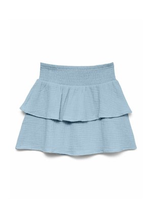 Light blue tiered skirt with wide, elastic ruched waistband and textured fabric, featuring a short, layered ruffle design.