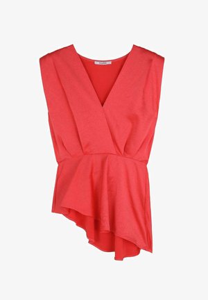 Top avvolgente rosso senza maniche con scollatura a V profonda e orlo a ruffle a peplum. Realizzato in un tessuto morbido con una texture sottile.