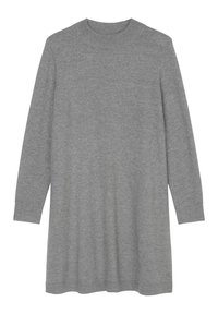 Abito in maglia grigia realizzato in tessuto morbido, con maniche lunghe, colletto a costine e una vestibilità comoda che arriva a metà coscia.