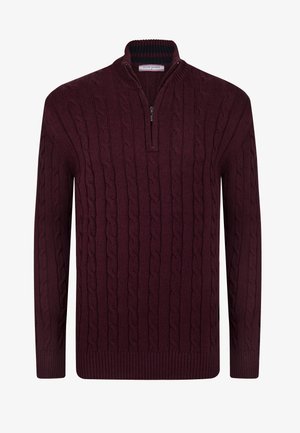 Burgundy cable-knit sweater with a quarter-zip collar and ribbed cuffs and hem. Features textured patterns throughout the fabric.