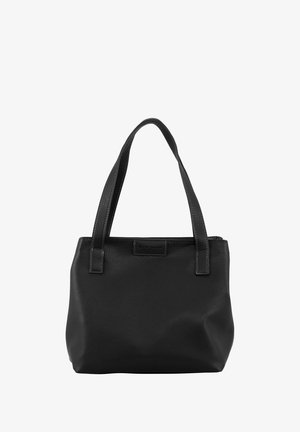 Schwarze Ledertasche mit strukturierten Oberflächen, zwei stabilen Tragegriffen, Reißverschluss und rechteckiger Form. Minimalistisches Design ohne sichtbare Verzierungen.