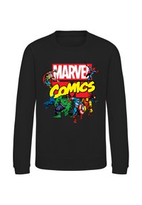 Felpa nera a girocollo con una grafica colorata "Marvel Comics" e supereroi. Il design include lettere rosse e gialle, illustrazioni dettagliate dei personaggi.