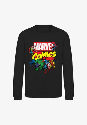 Czarny sweatshirt z okrągłym dekoltem, zdobiony kolorową grafiką "Marvel Comics" z superbohaterami. Projekt zawiera czerwone i żółte litery oraz szczegółowe ilustracje postaci.