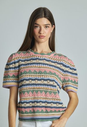Knit short-sleeve top featuring multicolored stripes in pastel tones, scalloped neckline, and a textured lace pattern throughout.