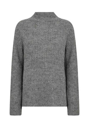Gray knitted sweater with a high neck, long sleeves, and a textured fabric. Simple design, no patterns or accents. Boxy fit.