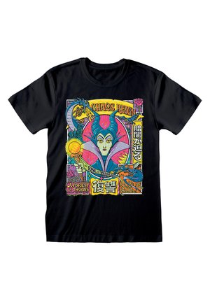 Schwarzes Baumwoll-T-Shirt mit einem bunten Grafikdruck, der eine hornhaltige Figur, Drachen, Blumen und den Text "Lass das Chaos regieren" in Fettdruck zeigt.