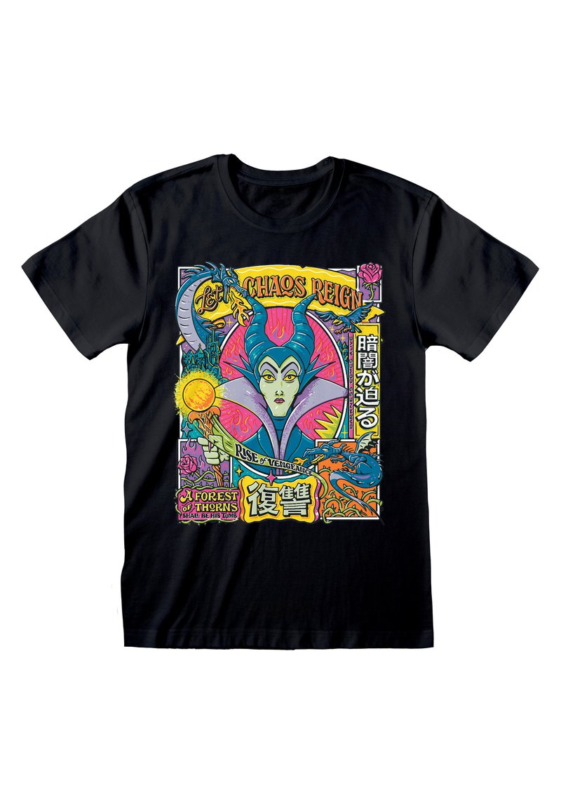 Sort bomulds T-shirt med et farverigt grafisk print af en hornet figur, drager, blomster og teksten "Lad Kaos Rejse" i fede bogstaver.