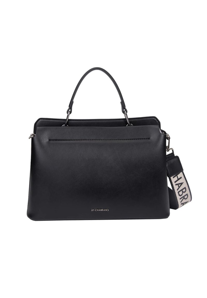 Sac à main en cuir noir avec un design structuré, une poignée supérieure, une bandoulière réglable et une poche avant. Logo de la marque visible à l'avant.