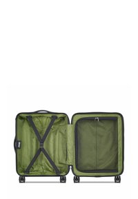 Valigia rigida di colore verde scuro con un interno strutturato. Le caratteristiche includono cinghie incrociate, una tasca in rete e ruote scorrevoli.