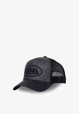 Schwarze und graue Kappe mit einem glitzernden Vorderpaneel, Netzseitenteilen und einem abgerundeten Schirm. Beinhaltet ein gesticktes Logo auf der Vorderseite.