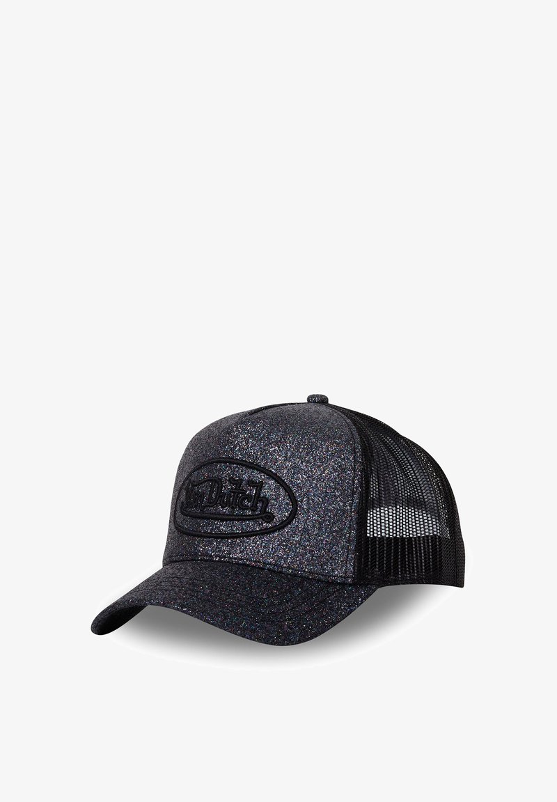 Black and gray cap featuring a glittery front panel, mesh sides, and a rounded brim. Includes a stitched logo on the front.