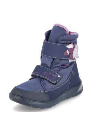 Botte d'hiver bleu marine pour enfant avec coutures roses, deux bandes Velcro, une décoration cheval et une doublure intérieure douce rose.