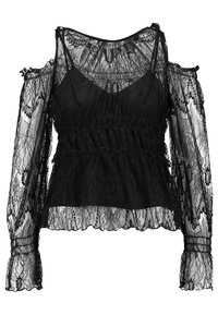Blusa nera in pizzo con maniche lunghe, design a spalle scoperte, vita arricciata e orlo a scallop. Delicato motivo floreale su tutta la superficie.
